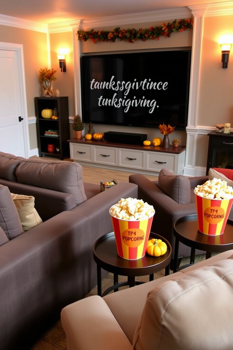 A cozy home theater setting designed for Thanksgiving. The room features plush seating arranged around a large screen, with popcorn buckets decorated in autumn colors placed on side tables. The popcorn buckets are filled with a mix of caramel and cheese popcorn. Warm lighting creates an inviting atmosphere, and seasonal decorations like small pumpkins and fall leaves enhance the festive theme.