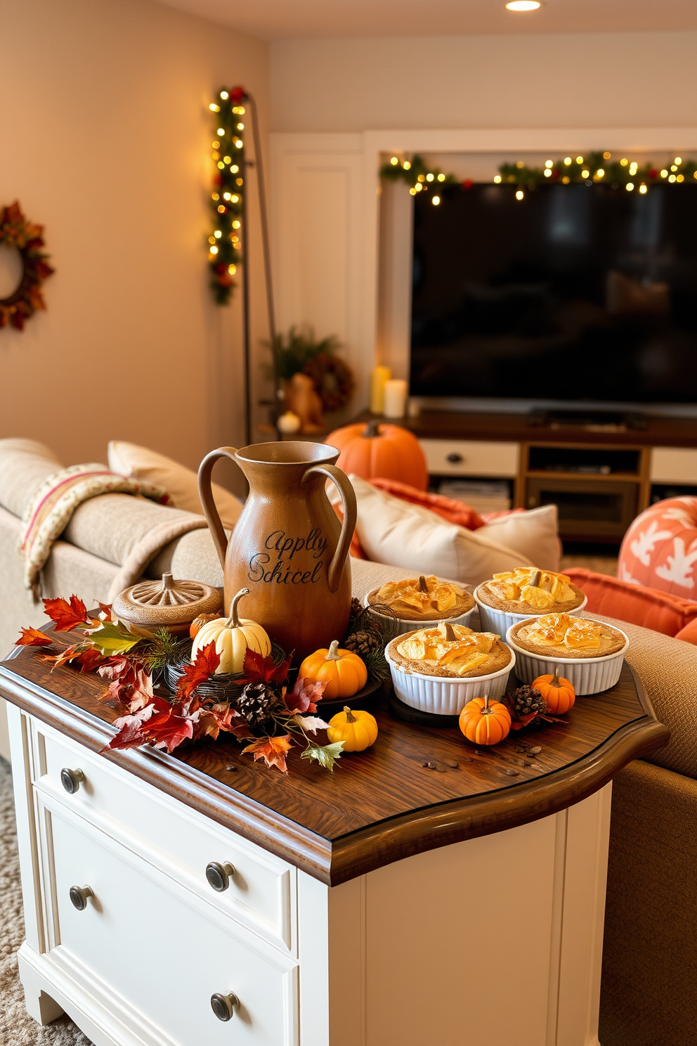 A charming side table display featuring a rustic apple cider pitcher and an assortment of freshly baked pies. The table is adorned with autumn leaves and small pumpkins, creating a warm and inviting Thanksgiving atmosphere. A cozy home theater setup designed for family gatherings during the holiday season. Plush seating is arranged around a large screen, with decorative throw blankets and pillows in warm colors to enhance the festive spirit.