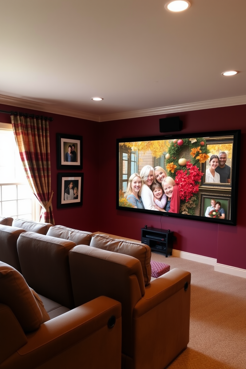 A cozy home theater adorned with framed family photos in warm fall colors. The walls are painted in a rich burgundy, and plush seating is arranged for optimal viewing comfort.