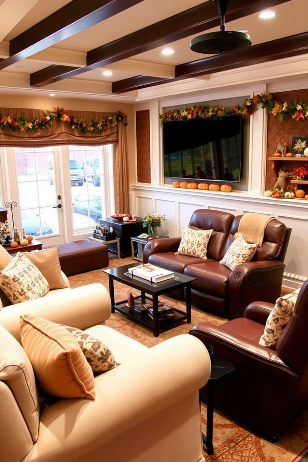 Cozy seating arrangements for gatherings. Imagine a warm living room filled with plush sofas and oversized armchairs, arranged in a circular layout to encourage conversation. Thanksgiving home theater decorating ideas. Picture a cozy home theater adorned with rich autumn colors, featuring comfortable recliners and decorative throw pillows, with a backdrop of seasonal decorations like pumpkins and garlands.