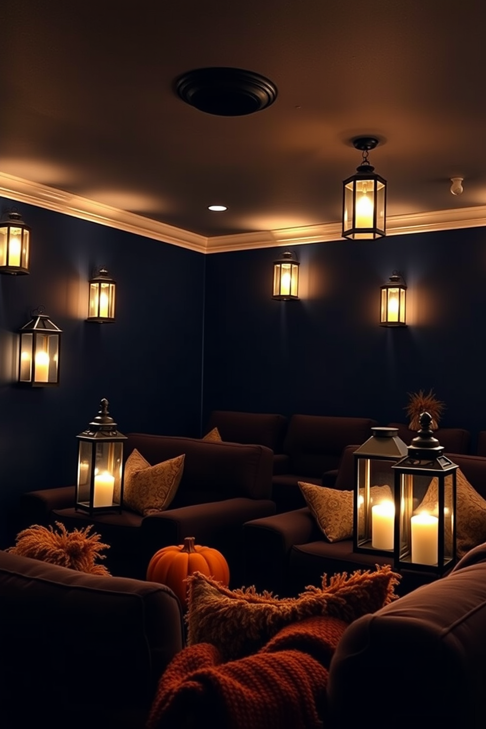 A cozy home theater setting adorned with decorative lanterns that emit soft, warm lighting. The walls are painted in a deep navy blue, and plush seating is arranged for optimal viewing comfort. The lanterns are strategically placed around the room, creating an inviting atmosphere for movie nights. Rich, textured fabrics in earthy tones complement the overall decor, enhancing the Thanksgiving theme.