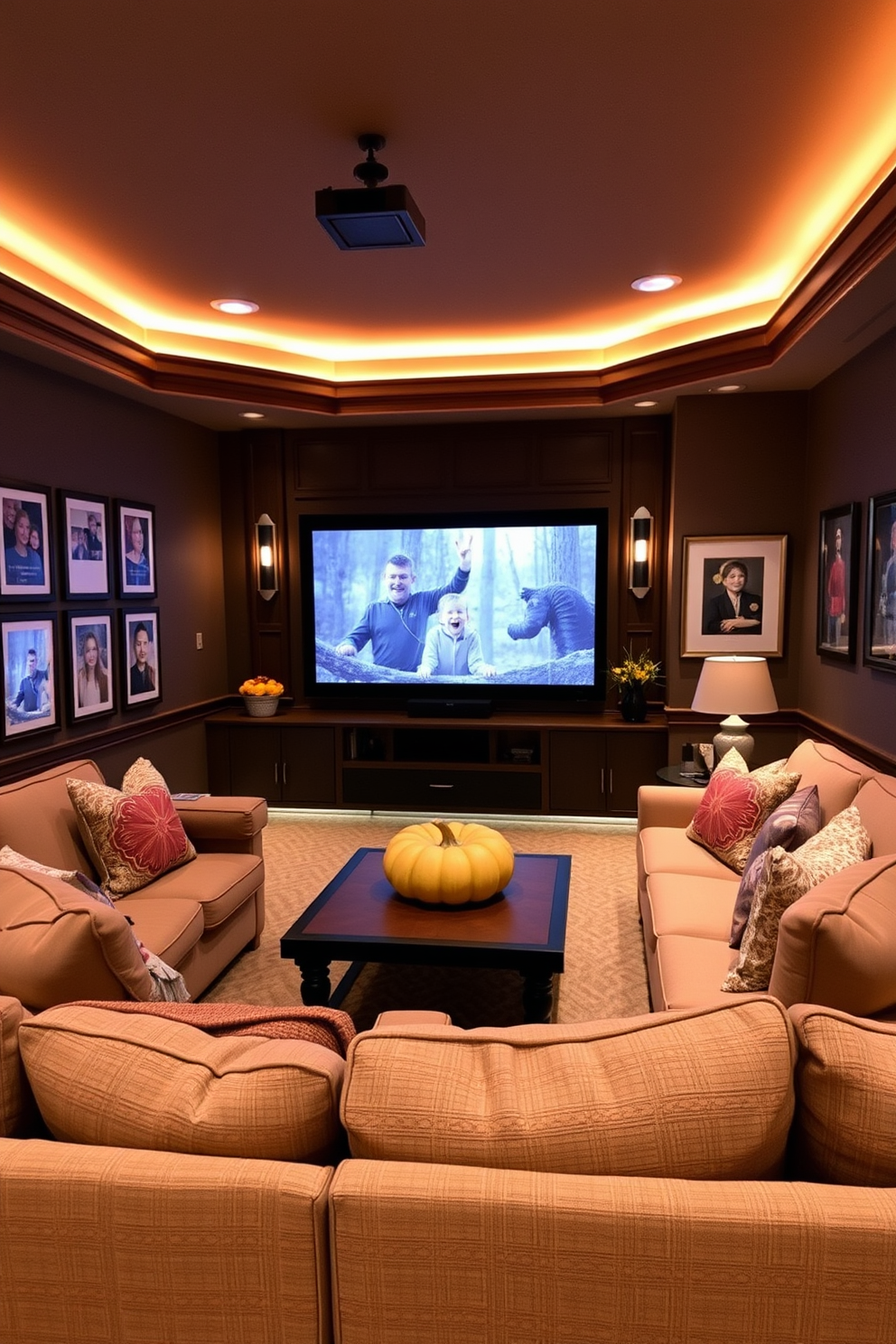 A cozy home theater designed for Thanksgiving gatherings. Plush seating arranged in a semicircle faces a large screen, with warm, ambient lighting creating an inviting atmosphere. Decorative elements include autumn-themed throw pillows and a large pumpkin centerpiece on the coffee table. The walls are adorned with framed family photos and fall-inspired artwork, enhancing the festive spirit.