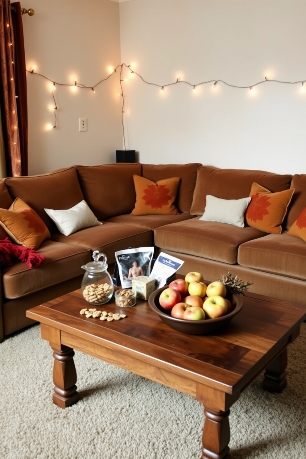 A cozy home theater setup for a Thanksgiving movie marathon. The room features a large plush sectional sofa adorned with warm, autumn-themed throw pillows. Soft lighting creates an inviting atmosphere, with string lights draped along the walls. A wooden coffee table holds a selection of seasonal snacks and a decorative bowl filled with fresh apples.