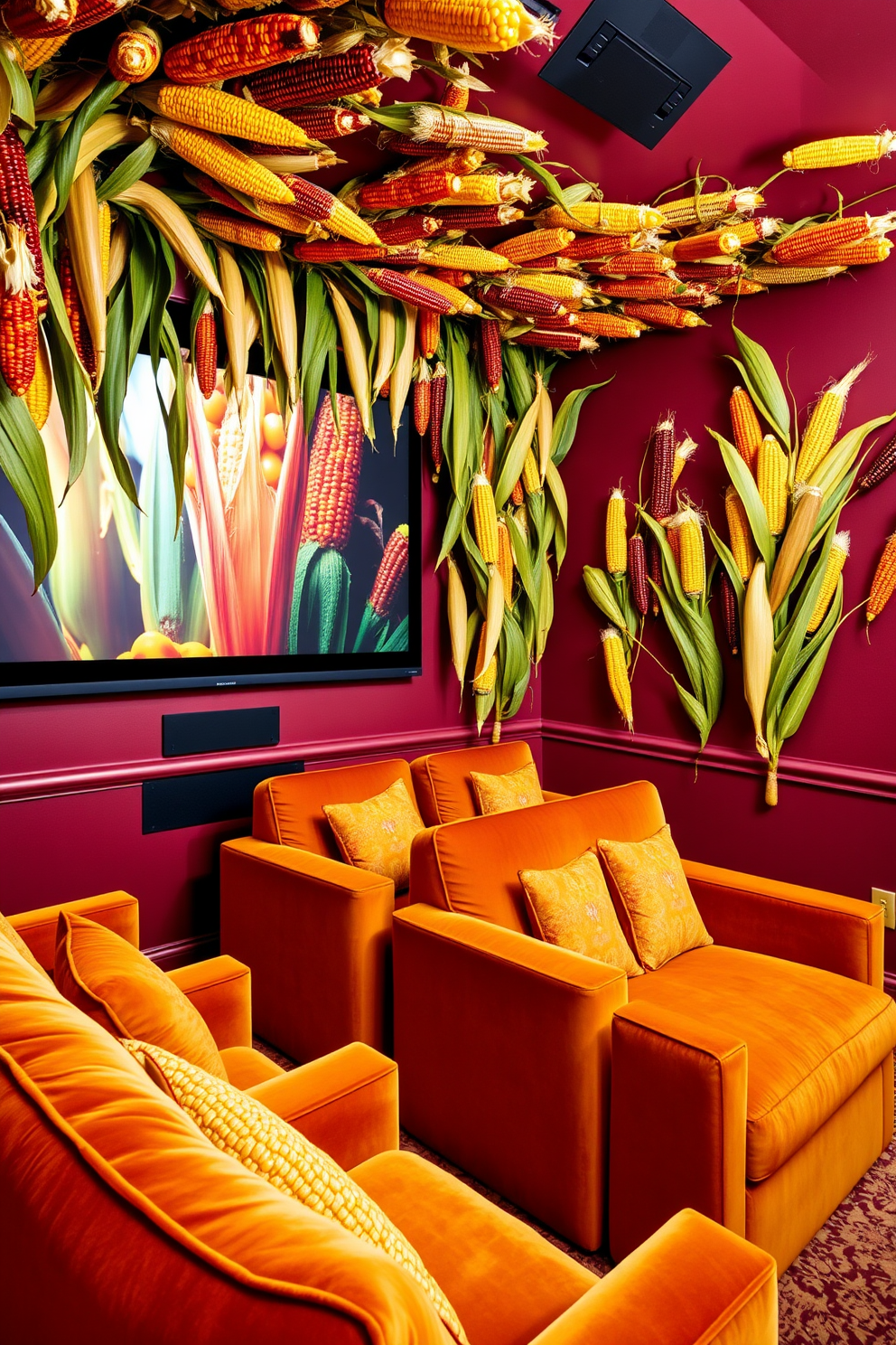 A vibrant home theater adorned with colorful corn as natural decor. The walls are painted in deep burgundy, creating a cozy atmosphere, while plush seating in rich gold complements the festive theme.