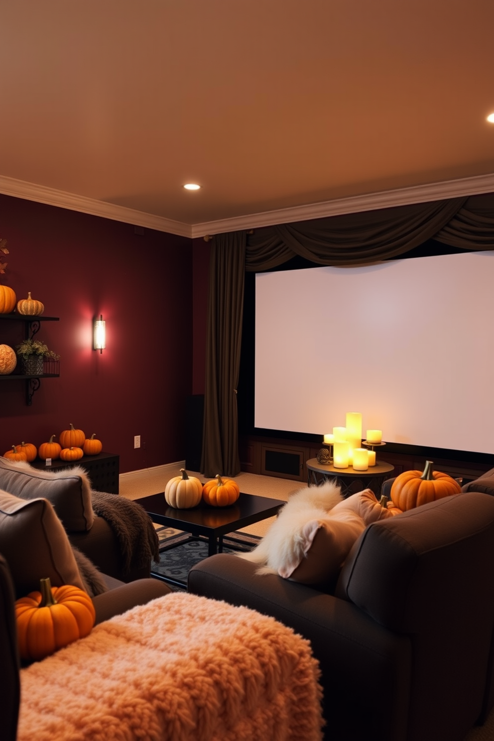 A cozy home theater adorned with warm pumpkin decorations on shelves and tables. The walls are painted in a deep burgundy, and soft ambient lighting creates an inviting atmosphere for family gatherings. Plump orange pumpkins of various sizes are artfully arranged among plush throw pillows and blankets. A large screen is framed by elegant drapery, enhancing the festive yet comfortable vibe of the space.