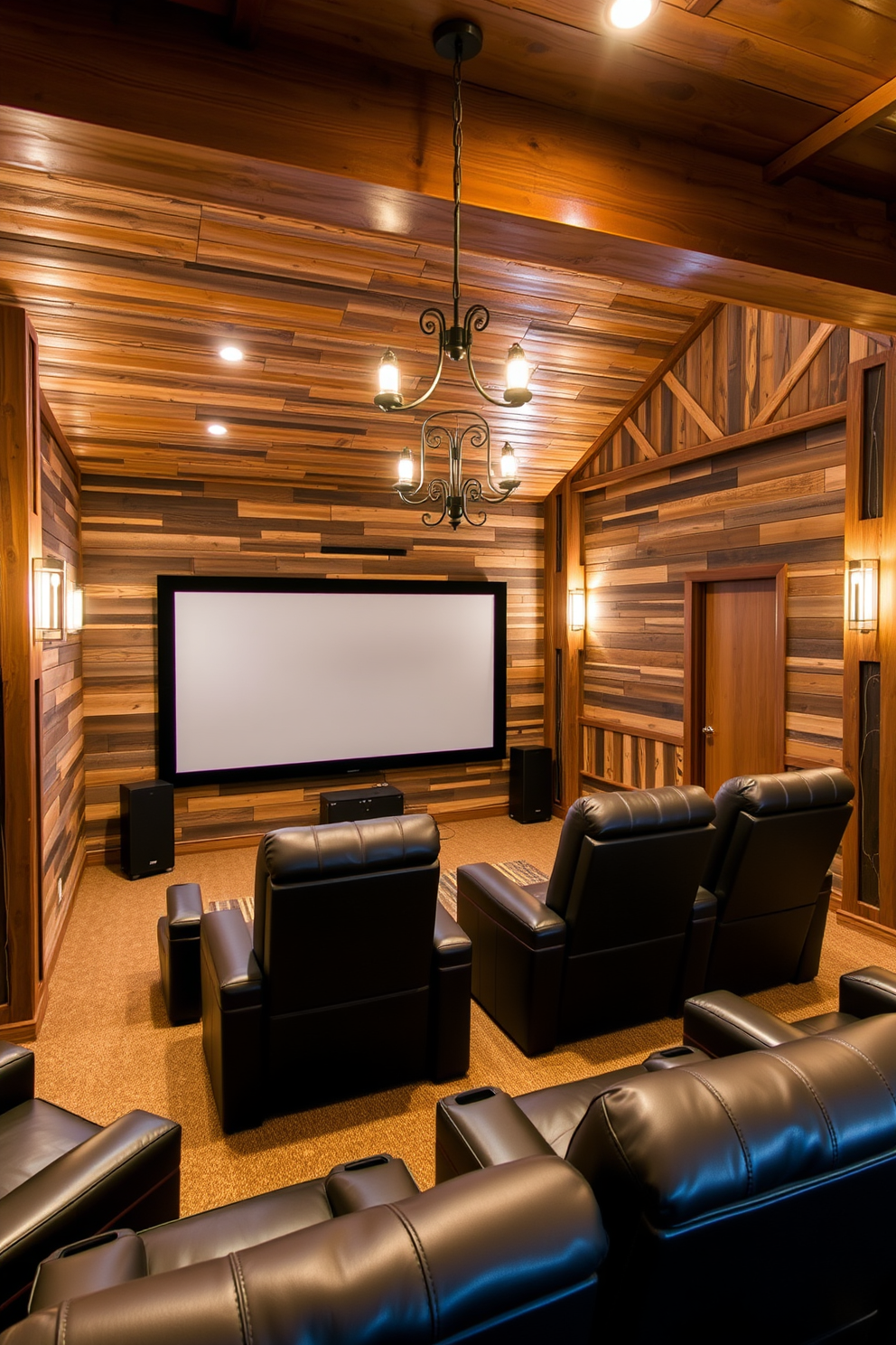 A cozy home theater featuring rustic wooden accents throughout the space. The walls are adorned with reclaimed wood paneling, and a large wooden beam runs across the ceiling. Comfortable leather recliners are arranged in a semi-circle facing a large screen. Soft, warm lighting fixtures made of wrought iron provide an inviting ambiance for movie nights.