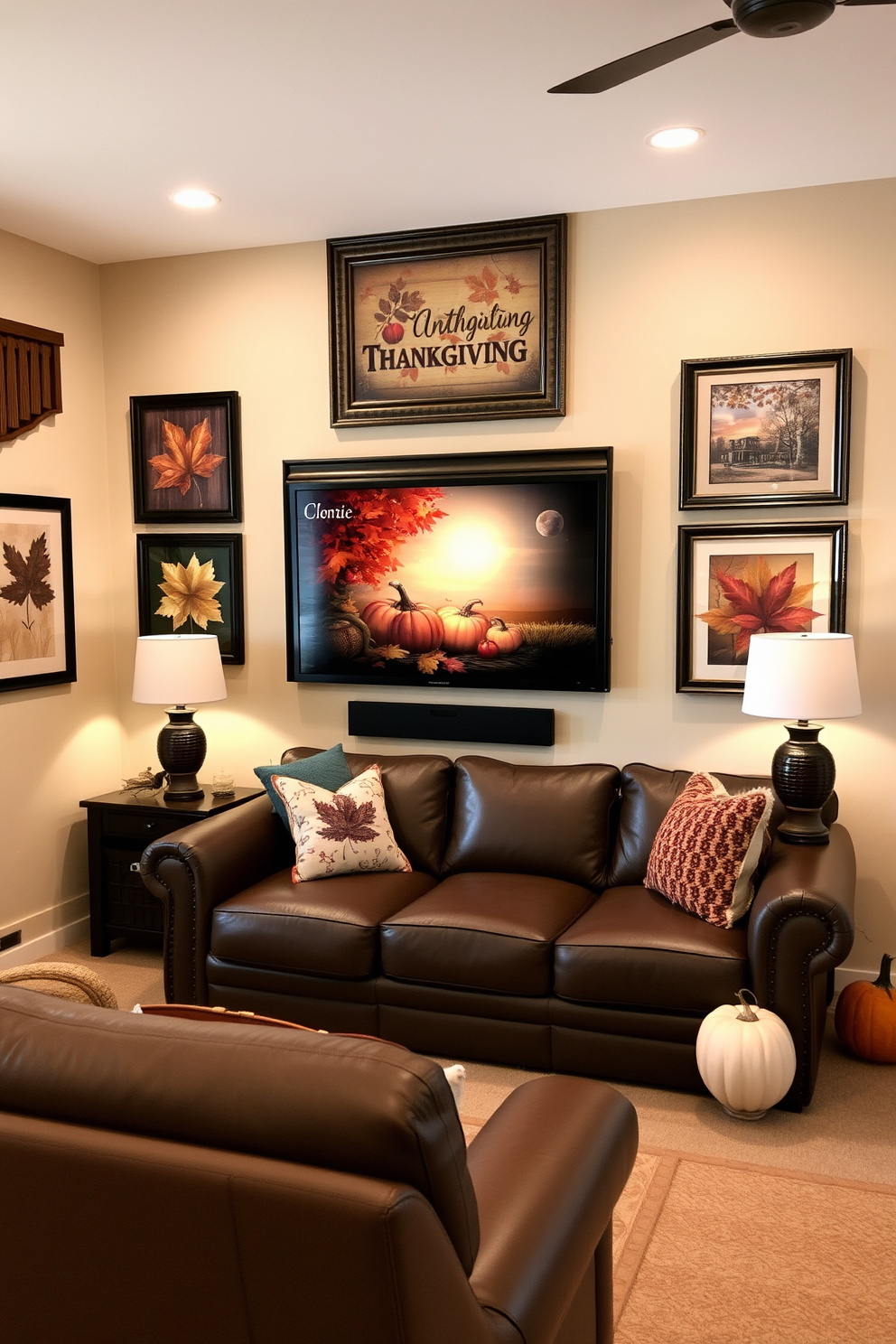 A cozy home theater adorned with Thanksgiving-themed wall art. The walls feature framed autumn leaves and harvest scenes that create a warm and inviting atmosphere.