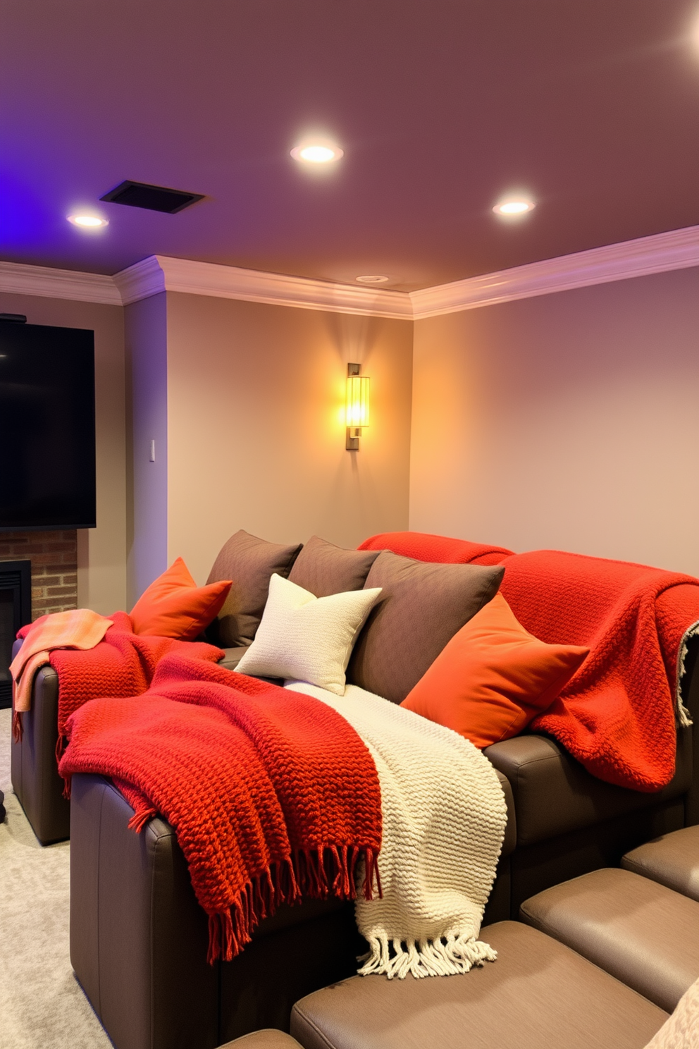 Cozy blankets in warm colors create an inviting atmosphere in the home theater. Soft textures and rich hues enhance the comfort of the seating area, making it perfect for family gatherings during Thanksgiving. Incorporate decorative pillows that complement the blankets for added warmth and style. Warm lighting fixtures can enhance the cozy vibe, creating an ideal space for movie nights.