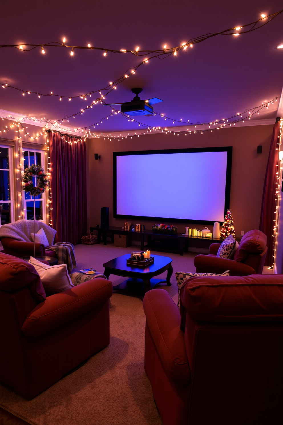 A cozy home theater adorned with string lights creates a festive atmosphere perfect for Thanksgiving gatherings. Plush seating in rich, warm tones is arranged for optimal viewing, while a large screen dominates one wall, inviting family and friends to enjoy their favorite films together.