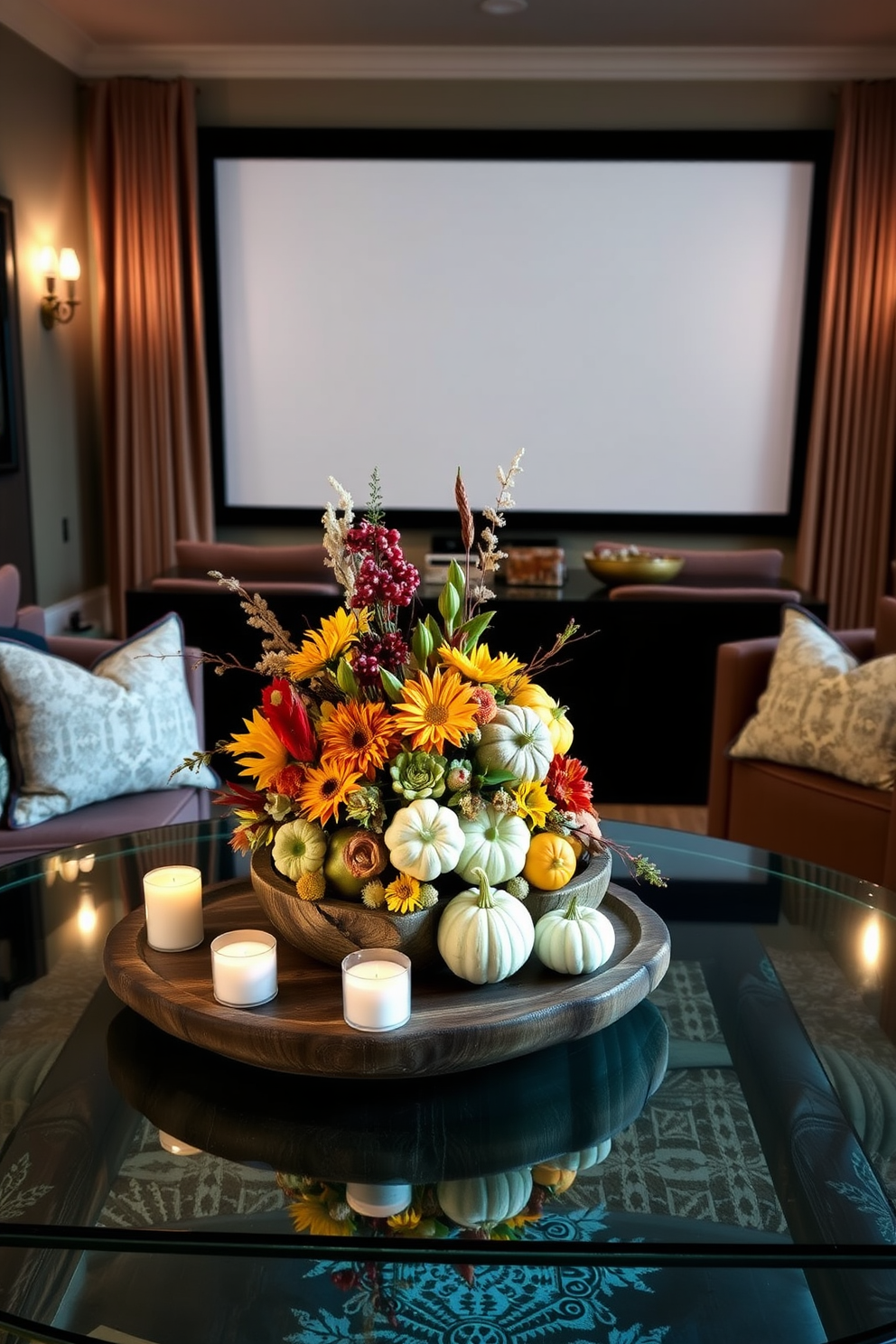 A stunning harvest centerpiece adorns the coffee table featuring a mix of colorful gourds and seasonal flowers arranged in a rustic wooden bowl. Soft candlelight flickers around the centerpiece creating a warm and inviting atmosphere perfect for Thanksgiving gatherings. The home theater is designed with plush seating in rich, dark fabrics to enhance comfort and style. Wall sconces provide ambient lighting while a large screen is framed by elegant drapery that complements the overall decor.