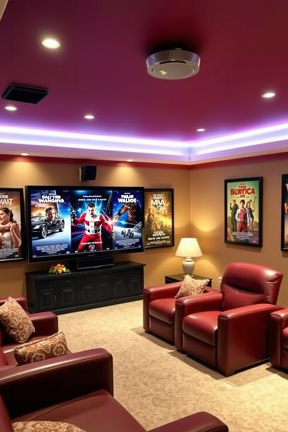 Seasonal movie posters adorn the walls of a cozy home theater. The space is illuminated by soft, warm lighting, creating an inviting atmosphere perfect for family gatherings during Thanksgiving.