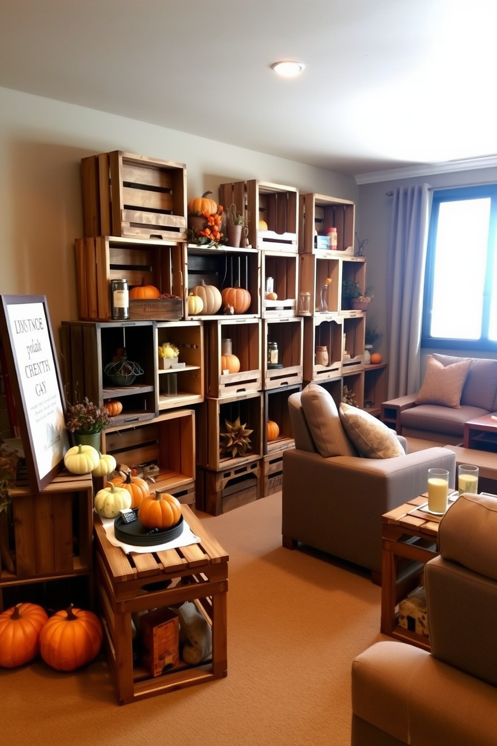 Wooden crates are stacked creatively to create a rustic decor theme, adding warmth and character to the space. Surrounding the crates are autumnal decorations like pumpkins and gourds, enhancing the Thanksgiving ambiance. In the home theater, plush seating is arranged for optimal viewing, complemented by soft lighting that sets a cozy mood. The wooden crates serve as functional side tables, holding snacks and drinks for an inviting movie night experience.