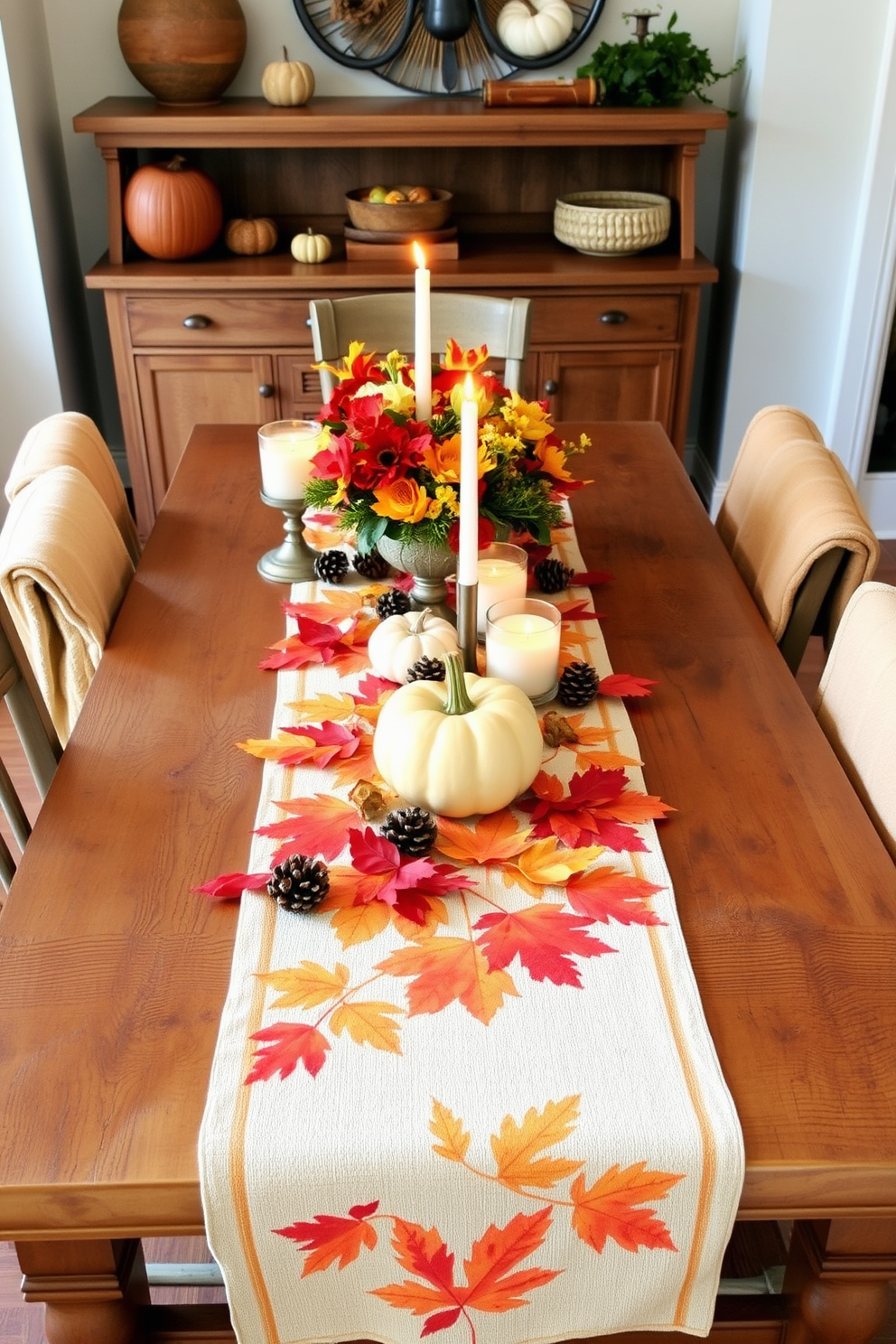 A festive autumn-themed table runner stretches across a rustic wooden dining table adorned with pumpkins, pinecones, and vibrant fall leaves. The warm tones of orange, red, and gold create a cozy atmosphere, complemented by flickering candlelight in glass holders. Surrounding the table are mismatched chairs, each draped with soft blankets in earthy hues. A centerpiece of fresh flowers and seasonal fruits enhances the inviting charm of the Thanksgiving kitchen decor.