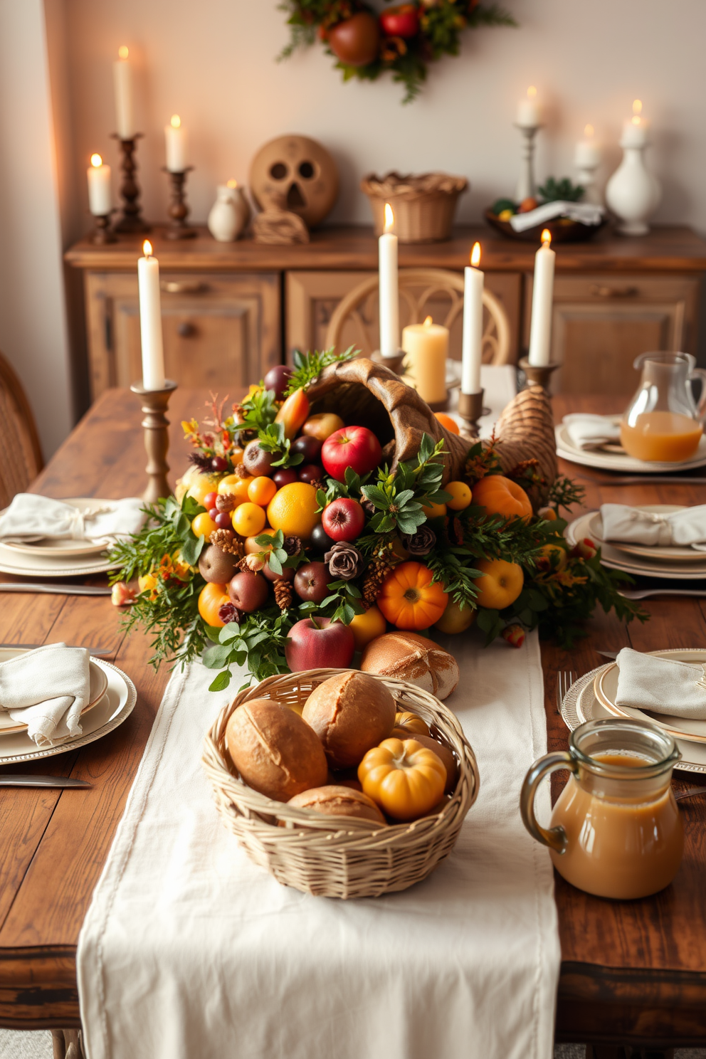 A bountiful cornucopia sits at the center of a rustic wooden dining table adorned with a soft cream table runner. The cornucopia is overflowing with vibrant seasonal fruits, colorful gourds, and lush greenery, creating a warm and inviting centerpiece for Thanksgiving. Surrounding the cornucopia, elegant dinnerware in earthy tones complements the autumn theme, while flickering candles in varied heights add a cozy ambiance. Freshly baked bread in a woven basket and a pitcher of apple cider complete the festive kitchen decor, inviting family and friends to gather and celebrate.