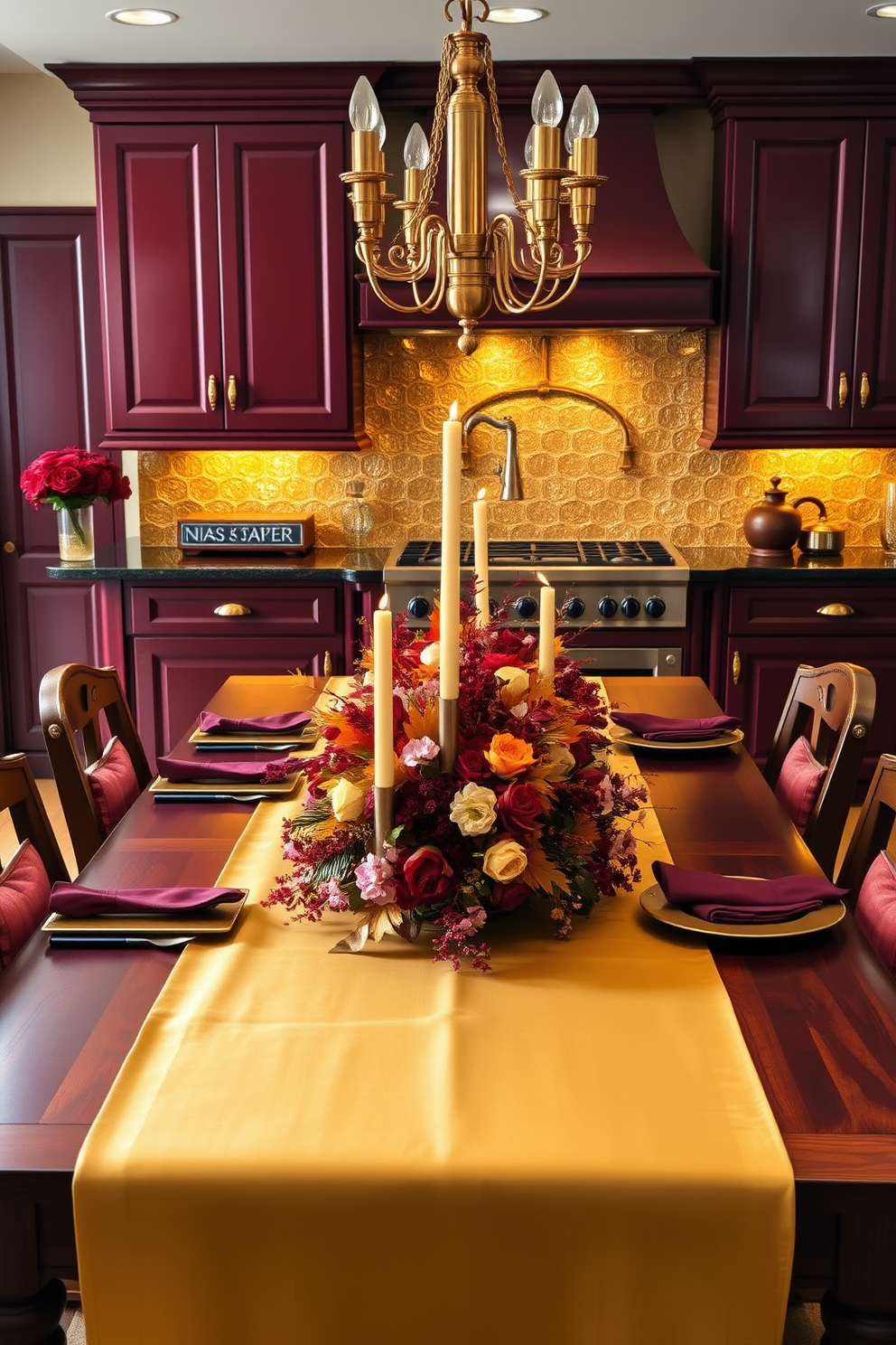 An elegant kitchen adorned in a gold and burgundy color scheme. The cabinets are a rich burgundy with gold hardware, complemented by a stunning gold backsplash that catches the light beautifully. A large wooden dining table is set for Thanksgiving, featuring a luxurious gold table runner and burgundy napkins. Centered on the table is an arrangement of seasonal flowers in shades of burgundy and gold, surrounded by elegant candle holders.