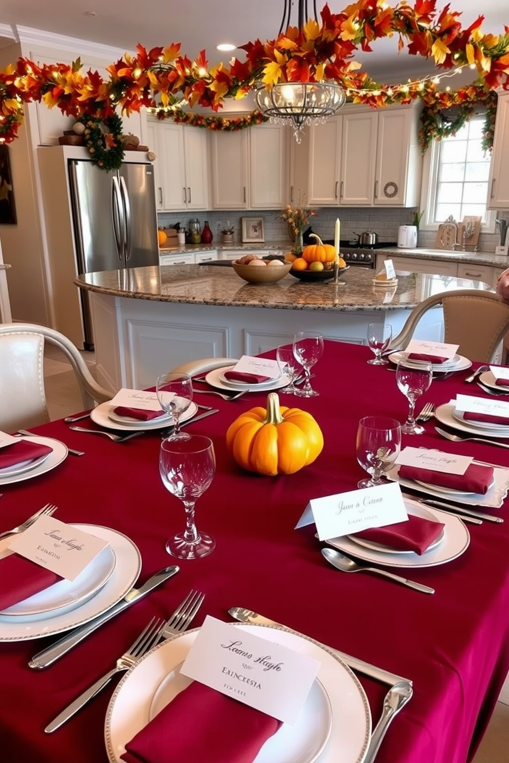 Creative place settings with name cards for Thanksgiving feature an elegant table adorned with a rich burgundy tablecloth. Each place setting includes fine china, polished silverware, and a small pumpkin as a centerpiece, with personalized name cards elegantly placed atop each plate. The kitchen is decorated with warm autumn hues, including deep oranges and golden yellows, creating a cozy atmosphere. Decorative garlands of leaves and twinkling fairy lights hang above the kitchen island, enhancing the festive spirit of the gathering.