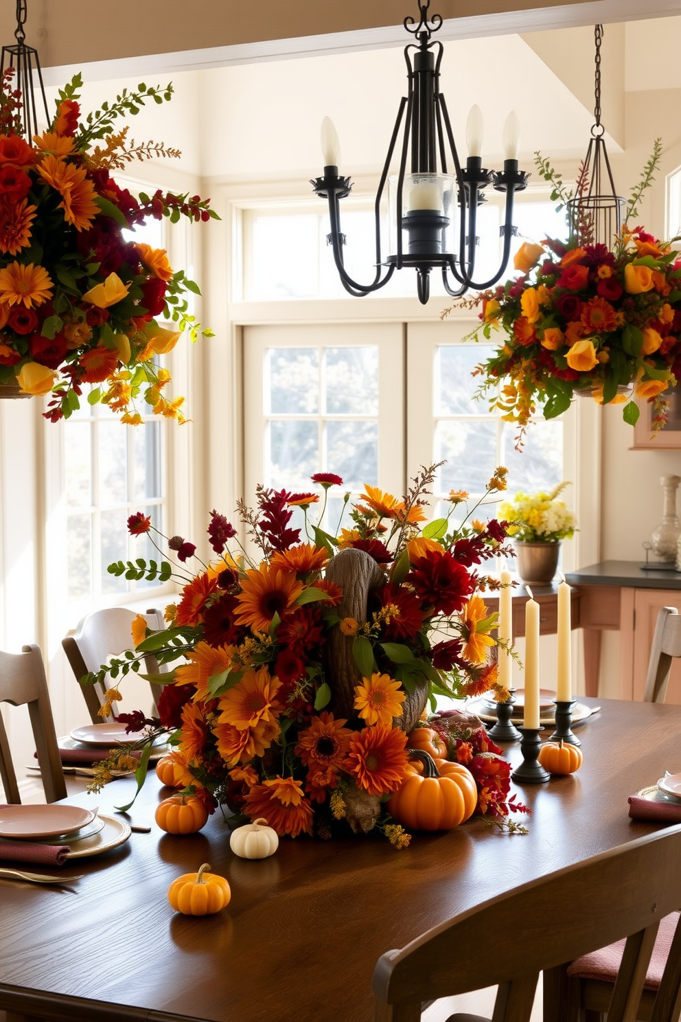 A cozy kitchen adorned with beautiful floral arrangements featuring autumn blooms in rich oranges, deep reds, and golden yellows. The centerpiece is a rustic wooden table set with a cornucopia overflowing with seasonal flowers, complemented by small pumpkins and candles for a warm ambiance. The walls are painted in a soft cream color, enhancing the vibrant hues of the flowers. Natural light streams in through large windows, illuminating the space and creating a welcoming atmosphere perfect for Thanksgiving gatherings.