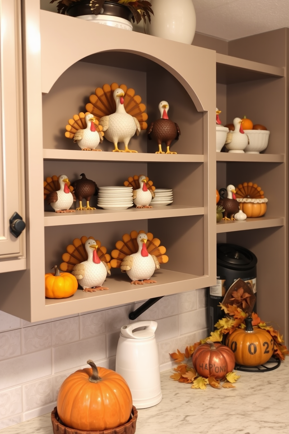 Whimsical turkey figurines are artfully arranged on open shelves in a cozy kitchen. The shelves are adorned with autumn-themed decorations, including mini pumpkins and colorful leaves, creating a festive atmosphere for Thanksgiving.