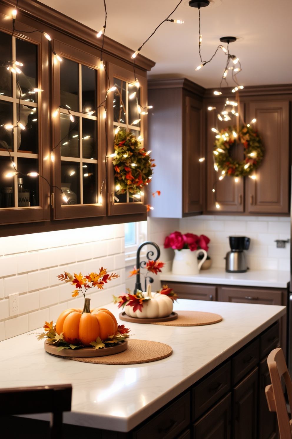 A cozy kitchen setting adorned with string lights that create a warm and inviting ambiance. The counters are decorated with autumn-themed centerpieces featuring pumpkins and seasonal foliage.