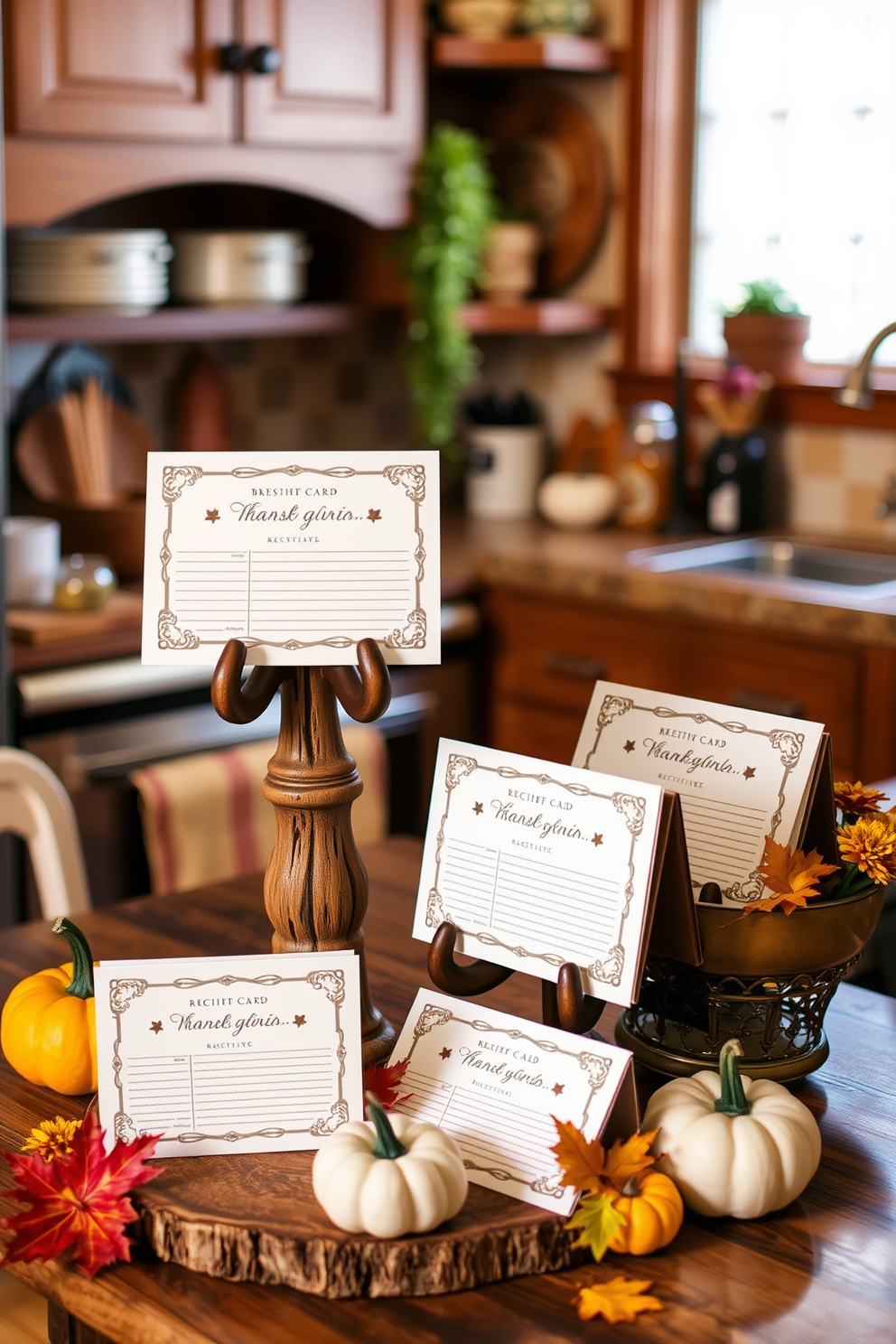 Personalized recipe cards displayed decoratively in a warm and inviting kitchen. The cards are elegantly arranged on a rustic wooden stand, surrounded by autumn-themed decorations like small pumpkins and colorful leaves.