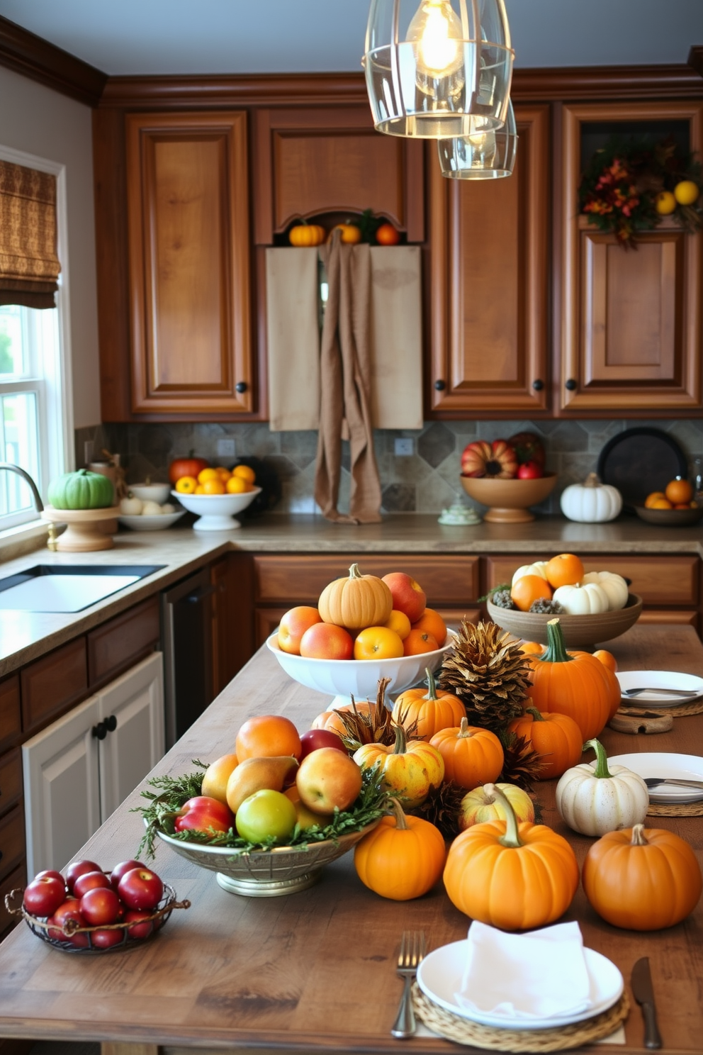 A warm and inviting kitchen adorned with seasonal fruit bowls. The countertops are filled with vibrant apples, pears, and pumpkins, creating a festive atmosphere for Thanksgiving. The wooden cabinets are complemented by a rustic farmhouse table set for a holiday gathering. Soft, ambient lighting highlights the rich autumn colors, enhancing the cozy feel of the space.