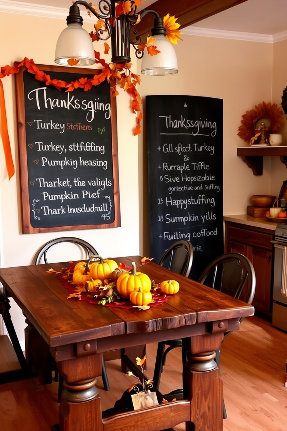 A charming kitchen setting adorned for Thanksgiving. A large chalkboard stands prominently on the wall, featuring a handwritten Thanksgiving menu that includes turkey, stuffing, and pumpkin pie. The kitchen is decorated with warm autumn colors, including orange and yellow accents. A rustic wooden table is set with seasonal decorations, such as small pumpkins and fall leaves, creating a festive atmosphere.