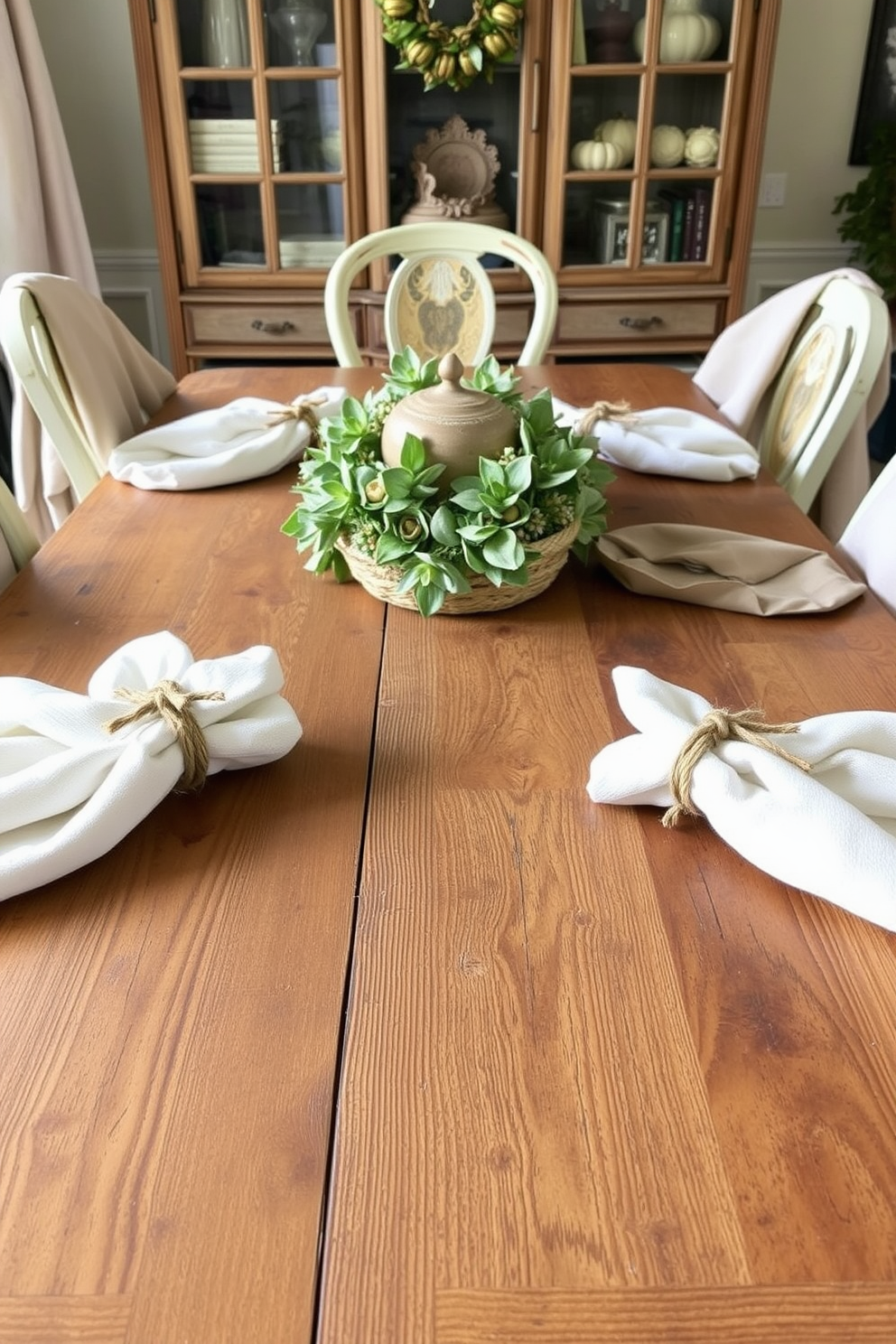 Stylish napkin rings adorned with twine accents are elegantly placed on a rustic wooden dining table. Surrounding the table are mismatched vintage chairs, each draped with a soft, neutral fabric to enhance the cozy Thanksgiving atmosphere.