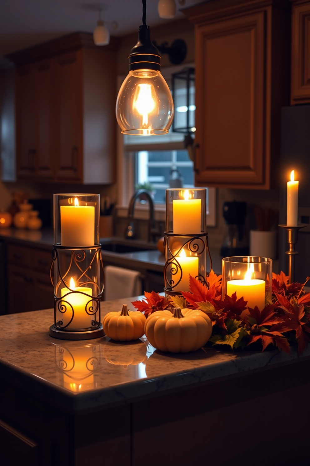 A cozy kitchen scene illuminated by warm candlelight in decorative holders. The countertops are adorned with autumn-themed decorations, including pumpkins and seasonal foliage.