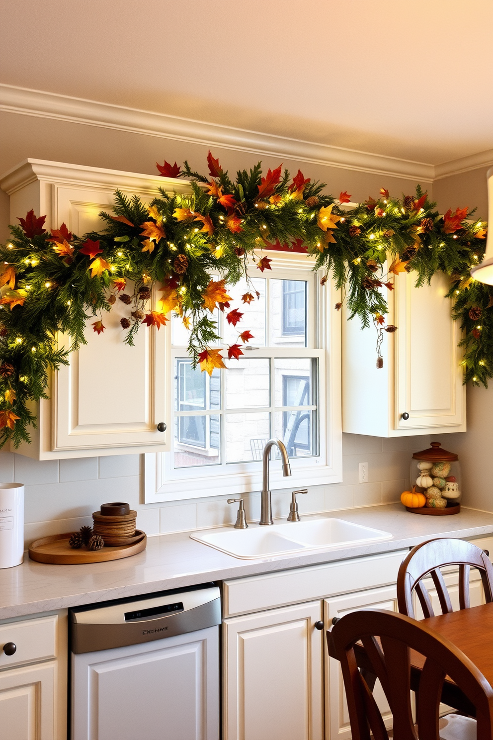 A warm and inviting kitchen adorned with a festive garland draped gracefully over the cabinets. The garland features a mix of autumn leaves, pinecones, and twinkling fairy lights, creating a cozy atmosphere perfect for Thanksgiving celebrations.