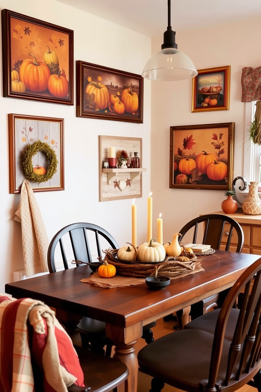 A cozy kitchen adorned with autumn-themed wall art featuring warm colors like orange, red, and gold. The prints showcase pumpkins, leaves, and harvest scenes, creating a festive atmosphere perfect for Thanksgiving. The kitchen is decorated with seasonal accents such as a rustic wooden table set with a centerpiece of gourds and candles. Soft, warm lighting enhances the inviting ambiance, making it a perfect gathering space for family and friends.