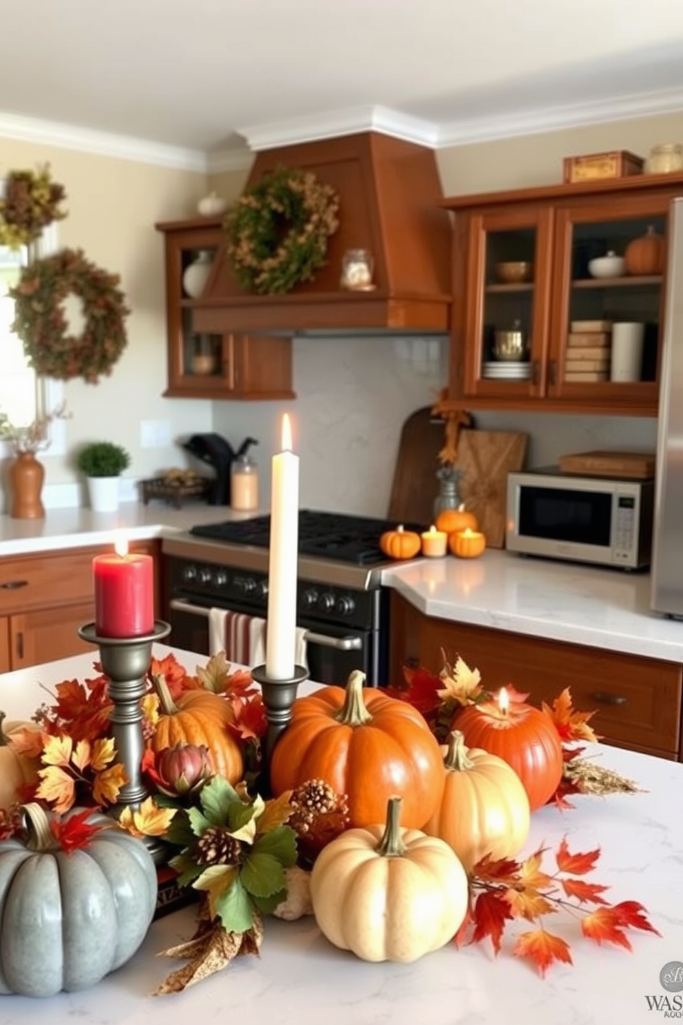 A warm and inviting kitchen adorned for Thanksgiving. The countertops are lined with seasonal scented candles in rich autumn colors, surrounded by decorative pumpkins and fall foliage.