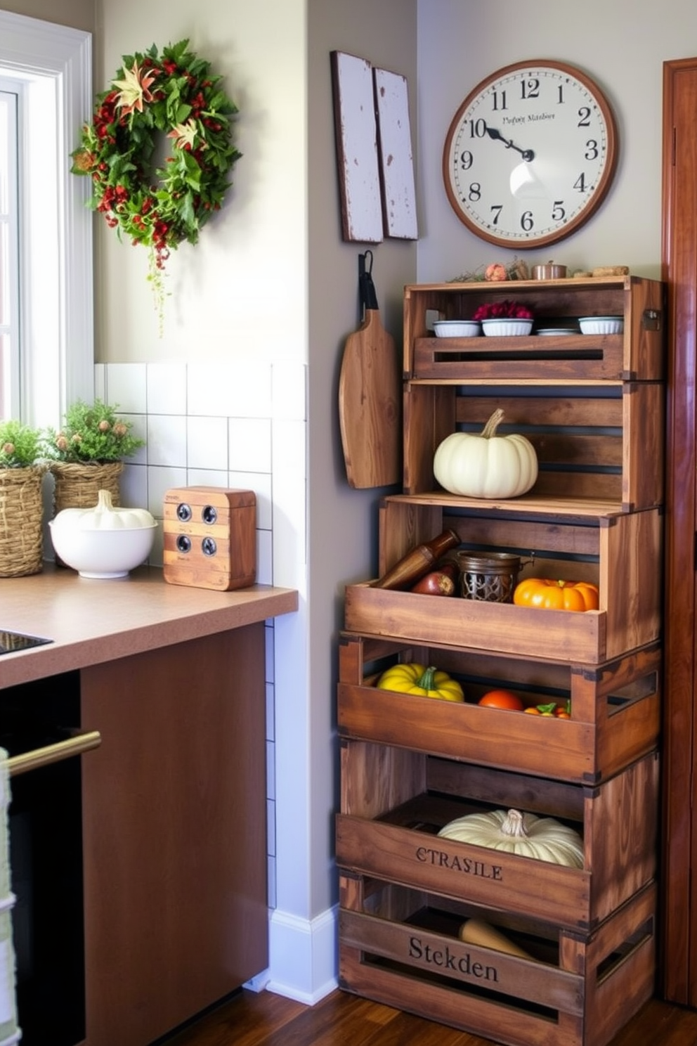 A charming kitchen decorated for Thanksgiving features vintage wooden crates used as rustic storage solutions. The crates are stacked in a cozy corner, filled with seasonal produce and autumn decorations, creating a warm and inviting atmosphere.