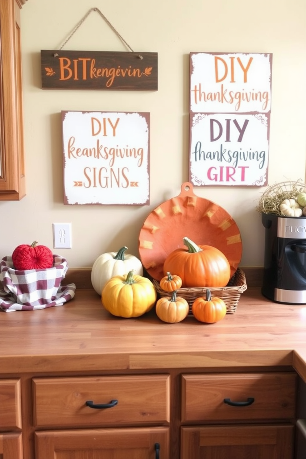 A cozy kitchen adorned with DIY Thanksgiving-themed signs. The signs feature warm autumn colors and playful fonts, hanging above a rustic wooden countertop. On the countertop, there are pumpkins and gourds arranged artfully alongside a basket of freshly baked bread. The walls are painted in a warm cream tone, complementing the rich wooden cabinetry.