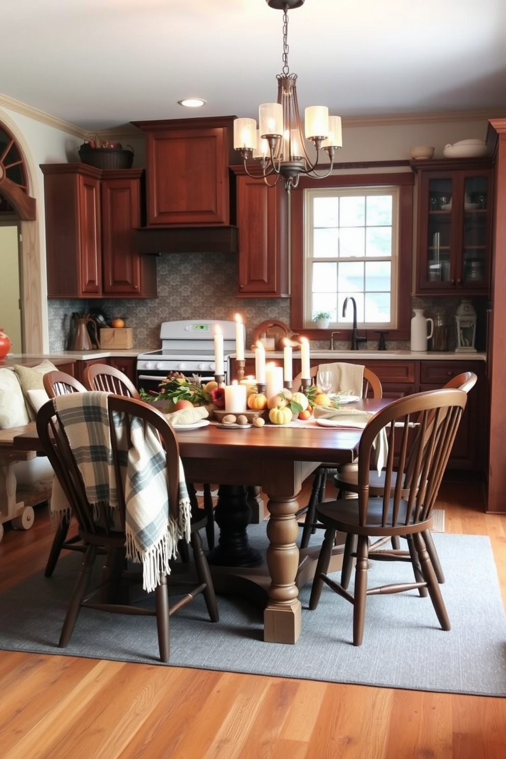 A warm and inviting kitchen adorned for Thanksgiving. The space features layered textures with cozy throw blankets draped over rustic wooden chairs, complemented by a centerpiece of seasonal fruits and candles on a farmhouse table.