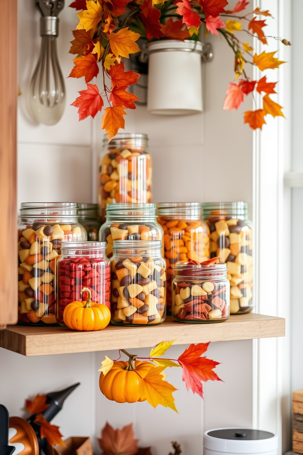 A cozy kitchen adorned for Thanksgiving features colorful glass jars filled with an assortment of seasonal treats. The jars are arranged on a rustic wooden shelf, complemented by autumn-themed decorations like small pumpkins and vibrant fall leaves.