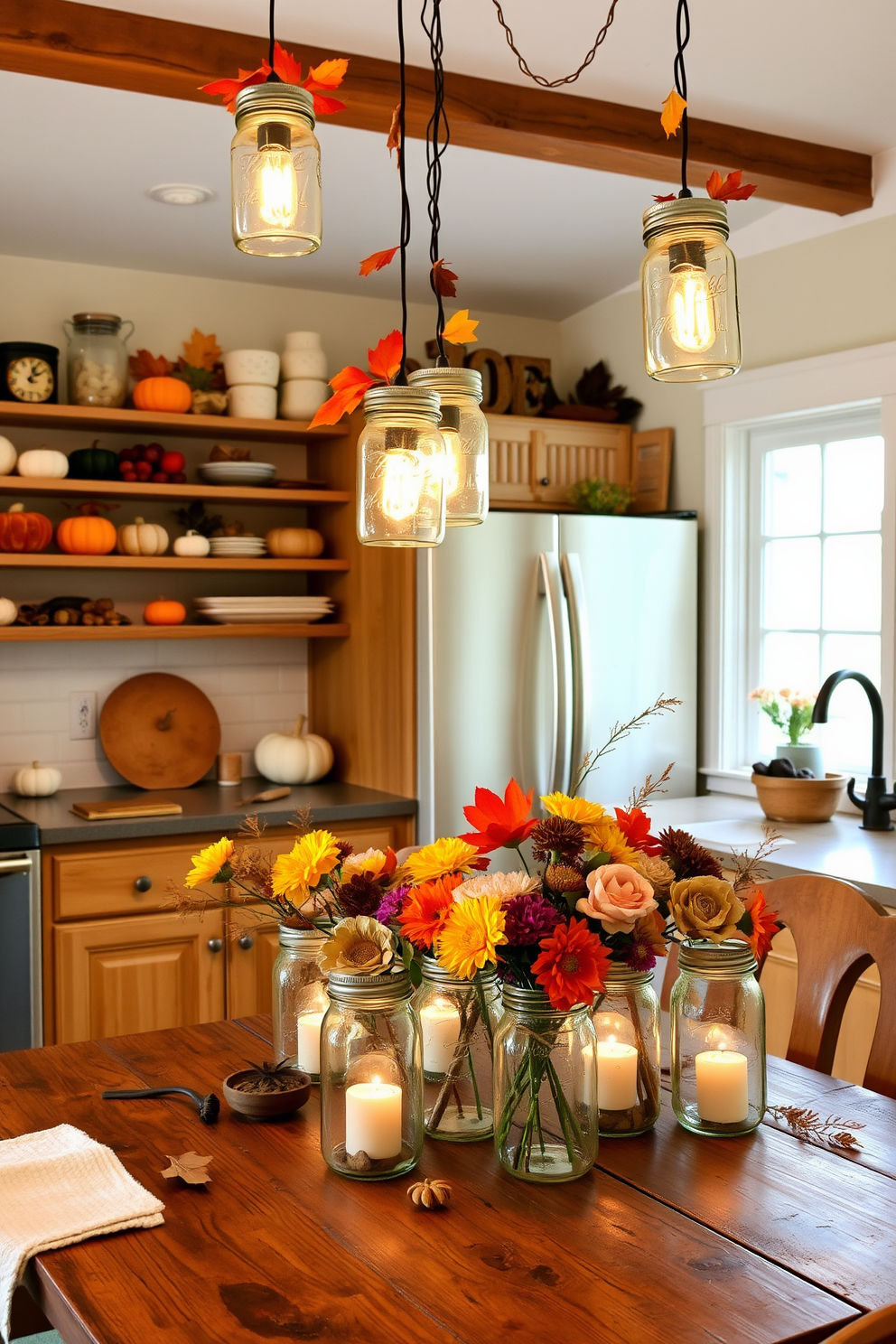 A cozy kitchen adorned with creative mason jar decorations for Thanksgiving. The jars are filled with seasonal items like colorful leaves, small pumpkins, and cinnamon sticks, arranged on open shelves and the countertop. Hanging from the ceiling are mason jars transformed into light fixtures, casting a warm glow over the space. A rustic wooden table is set with a centerpiece of mason jars filled with fresh flowers and candles, enhancing the festive atmosphere.