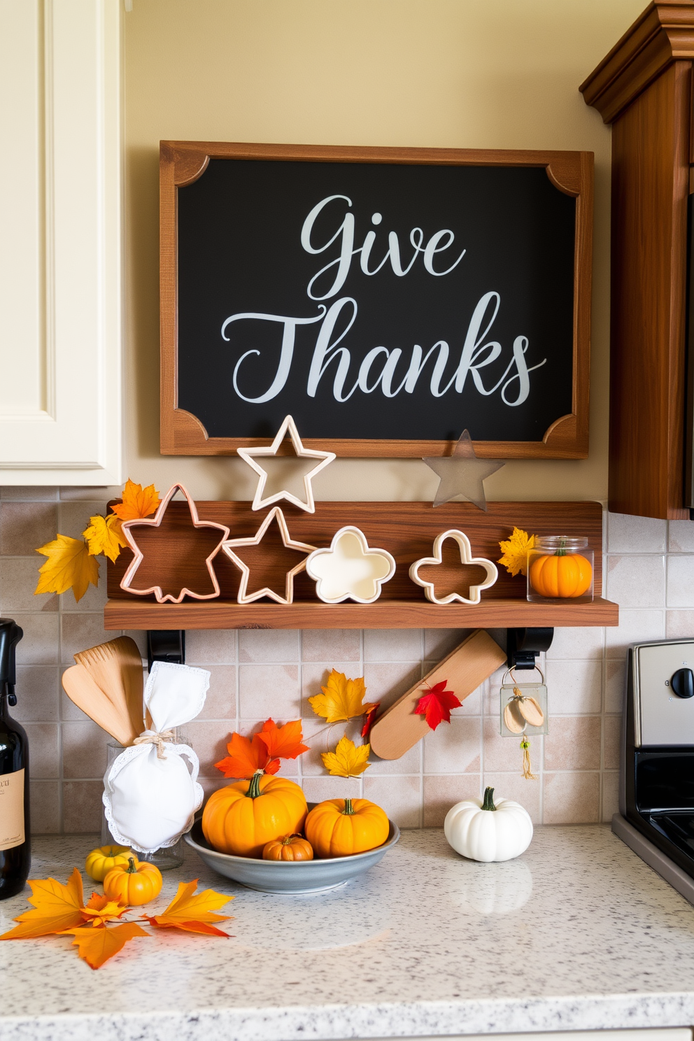 A cozy kitchen adorned with Thanksgiving-themed cookie cutters displayed on a rustic wooden shelf. The warm, inviting colors of autumn are reflected in the decor, with golden leaves and miniature pumpkins scattered across the countertop. Above the shelf, a chalkboard sign reads 