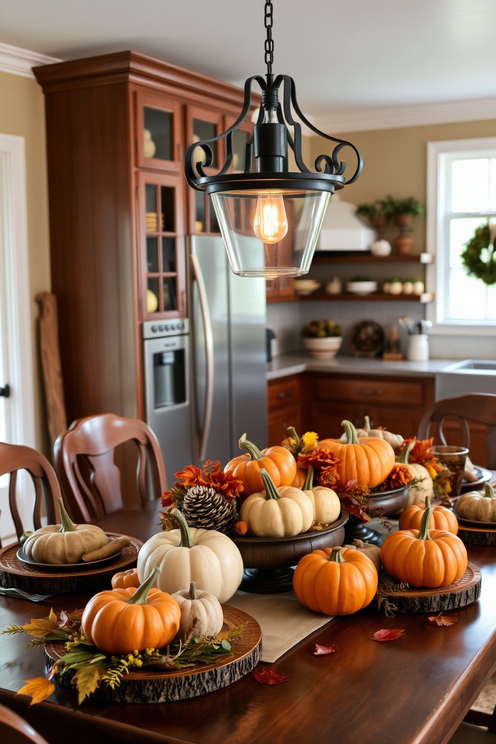 A warm and inviting kitchen adorned with harvest-inspired centerpieces featuring an array of pumpkins in various sizes and colors. The table is set with rustic wooden accents and complemented by seasonal foliage, creating a cozy Thanksgiving atmosphere.