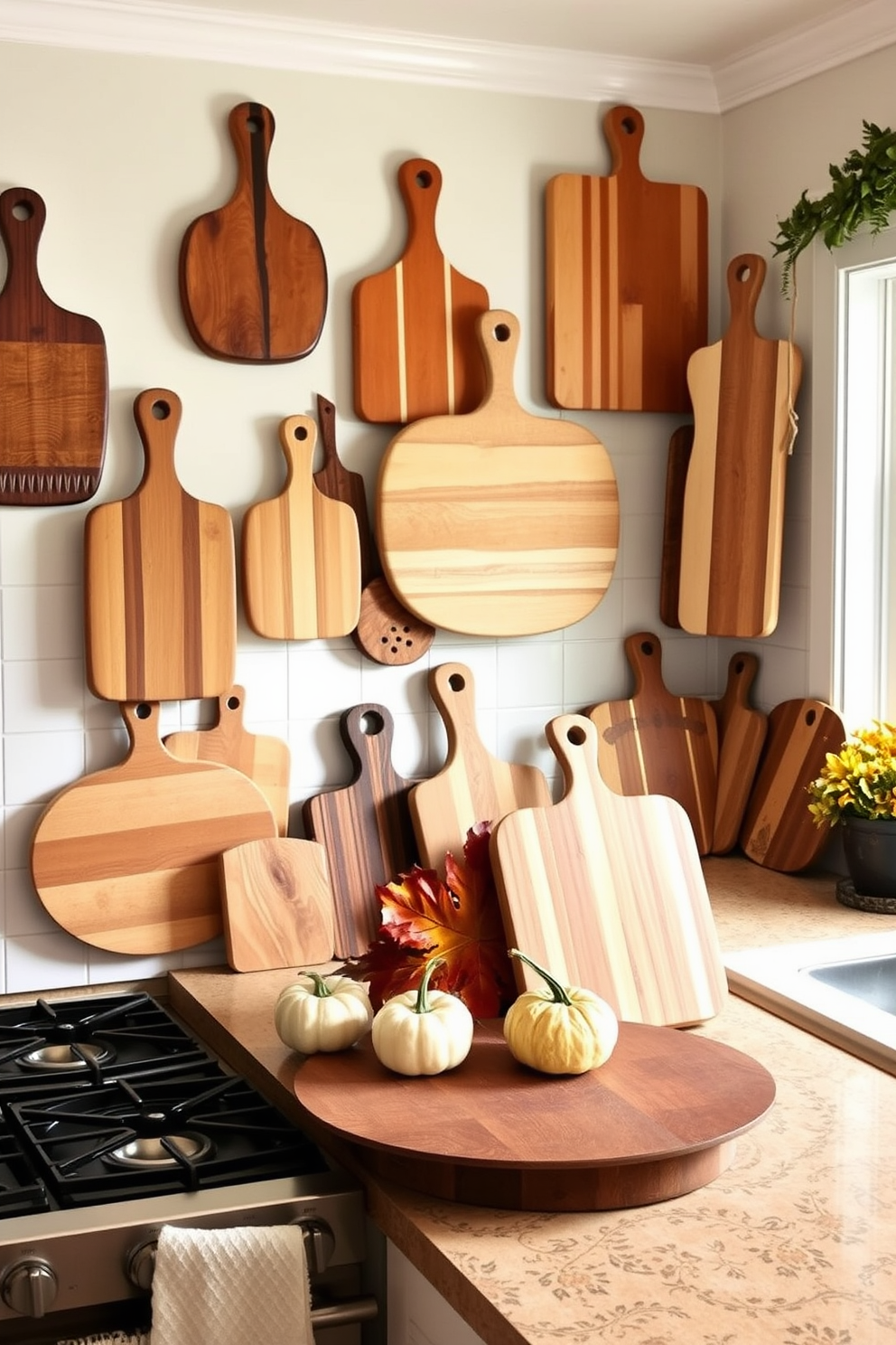 A warm and inviting kitchen adorned with charming wooden cutting boards displayed artfully on the walls. The cutting boards vary in size and shape, showcasing their natural grain and texture, while seasonal decorations like small pumpkins and autumn leaves add a festive touch.