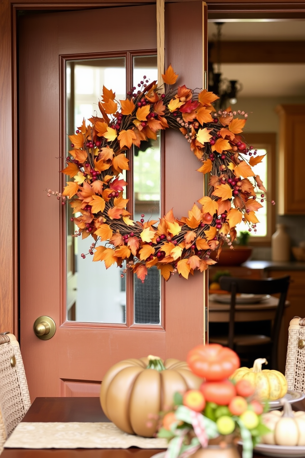 A seasonal wreath adorned with autumn leaves and berries hangs on the kitchen door, welcoming guests with a warm and festive touch. Inside, the kitchen is decorated with pumpkins and rustic table settings that evoke the spirit of Thanksgiving.