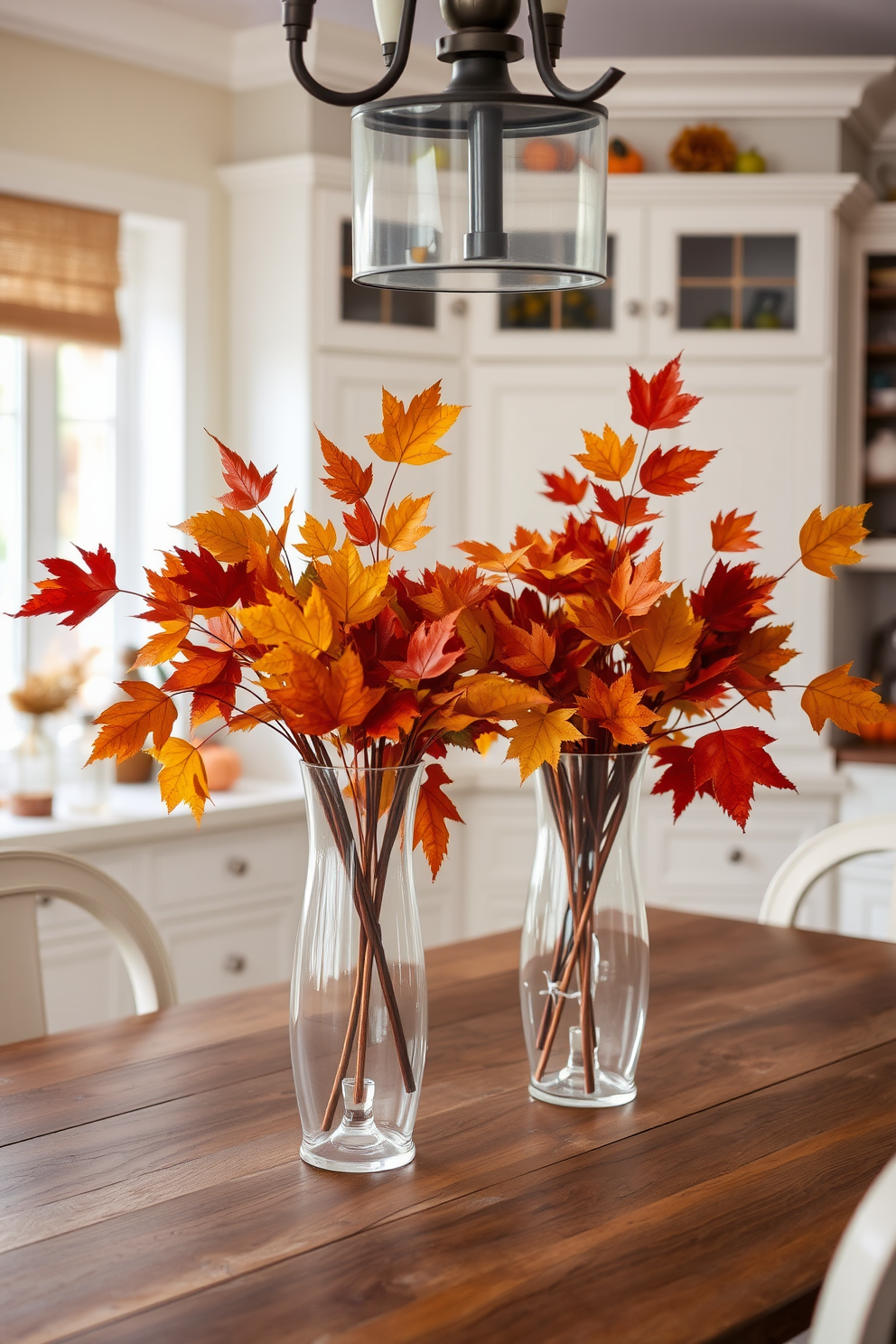 A cozy kitchen adorned with colorful fall leaves arranged in elegant glass vases. The vases are placed on a rustic wooden table, complemented by warm autumnal decor and soft lighting.