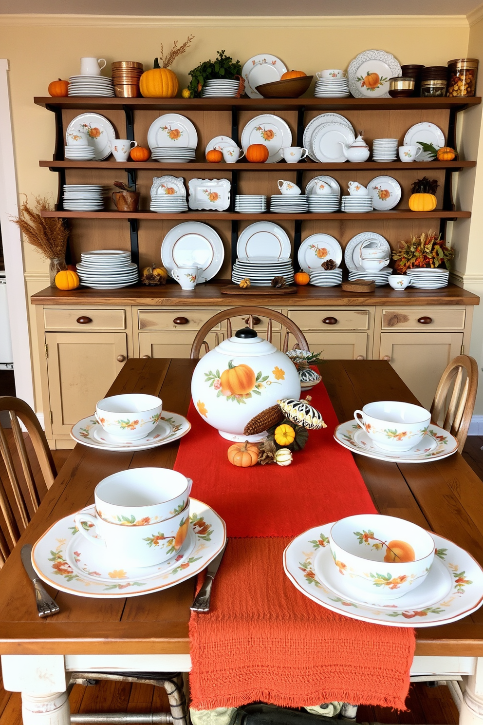 Hand-painted Thanksgiving-themed dishware is beautifully arranged on a rustic wooden dining table. The table is adorned with a vibrant autumn-colored table runner and surrounded by mismatched vintage chairs, creating a warm and inviting atmosphere. On the kitchen shelves, the dishware is displayed alongside seasonal decorations like small pumpkins and dried corn. The walls are painted in a warm cream tone, complemented by copper accents and soft, ambient lighting for a cozy Thanksgiving feel.