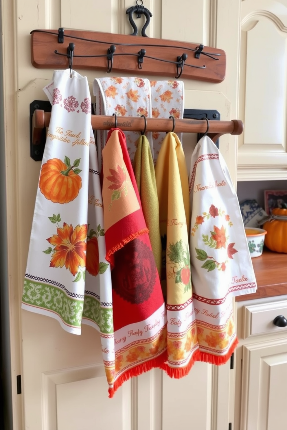 A charming vintage-inspired kitchen features a collection of colorful kitchen towels adorned with autumnal patterns and motifs. The towels hang gracefully on a rustic wooden rack, complementing the warm tones of the cabinetry and the inviting atmosphere of the Thanksgiving season.