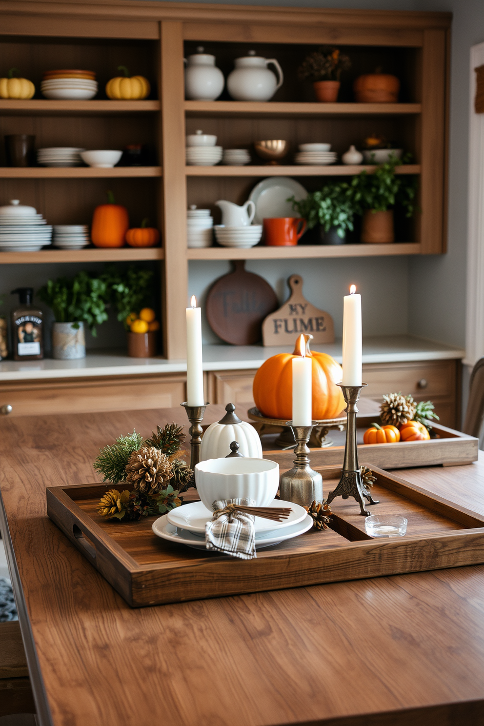 A cozy kitchen setting designed for Thanksgiving. Rustic wooden serving trays are elegantly arranged on a farmhouse-style table, showcasing a variety of seasonal dishes and decorations. The warm ambiance is enhanced by soft, ambient lighting and autumn-themed centerpieces. A backdrop of open shelving displays colorful ceramic dishes and fresh herbs in rustic pots, creating a welcoming atmosphere.