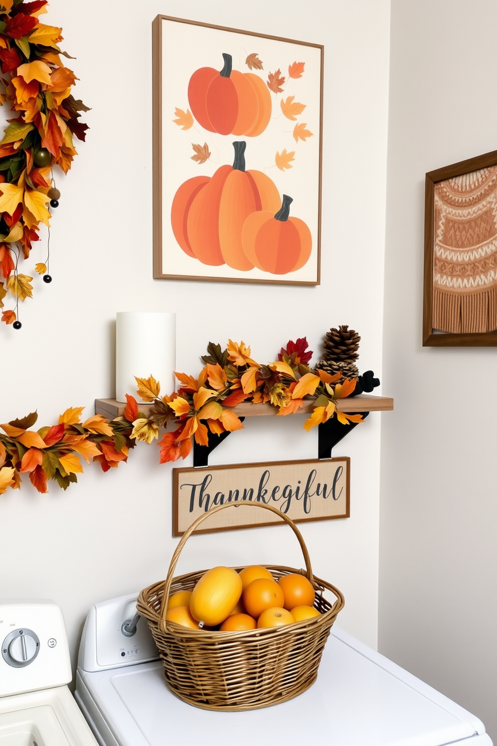 Cozy autumn-themed wall art display. The artwork features warm colors like orange, red, and gold, showcasing pumpkins, falling leaves, and cozy sweaters. Thanksgiving laundry room decorating ideas. The space is adorned with festive touches such as a garland of autumn leaves, a decorative basket filled with seasonal fruits, and a cheerful sign that reads 