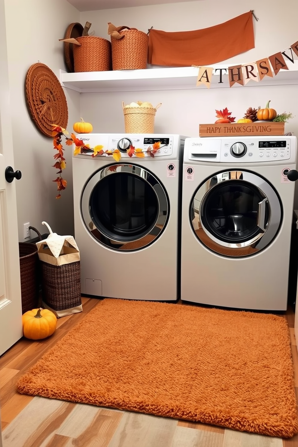 A warm-toned area rug is placed in the center of the laundry room, adding a cozy touch to the space. The rug features a soft texture that invites you to sink your feet into it while doing laundry. For Thanksgiving, the laundry room is decorated with autumn-themed accents, including small pumpkins and a garland of fall leaves. A cheerful banner saying 