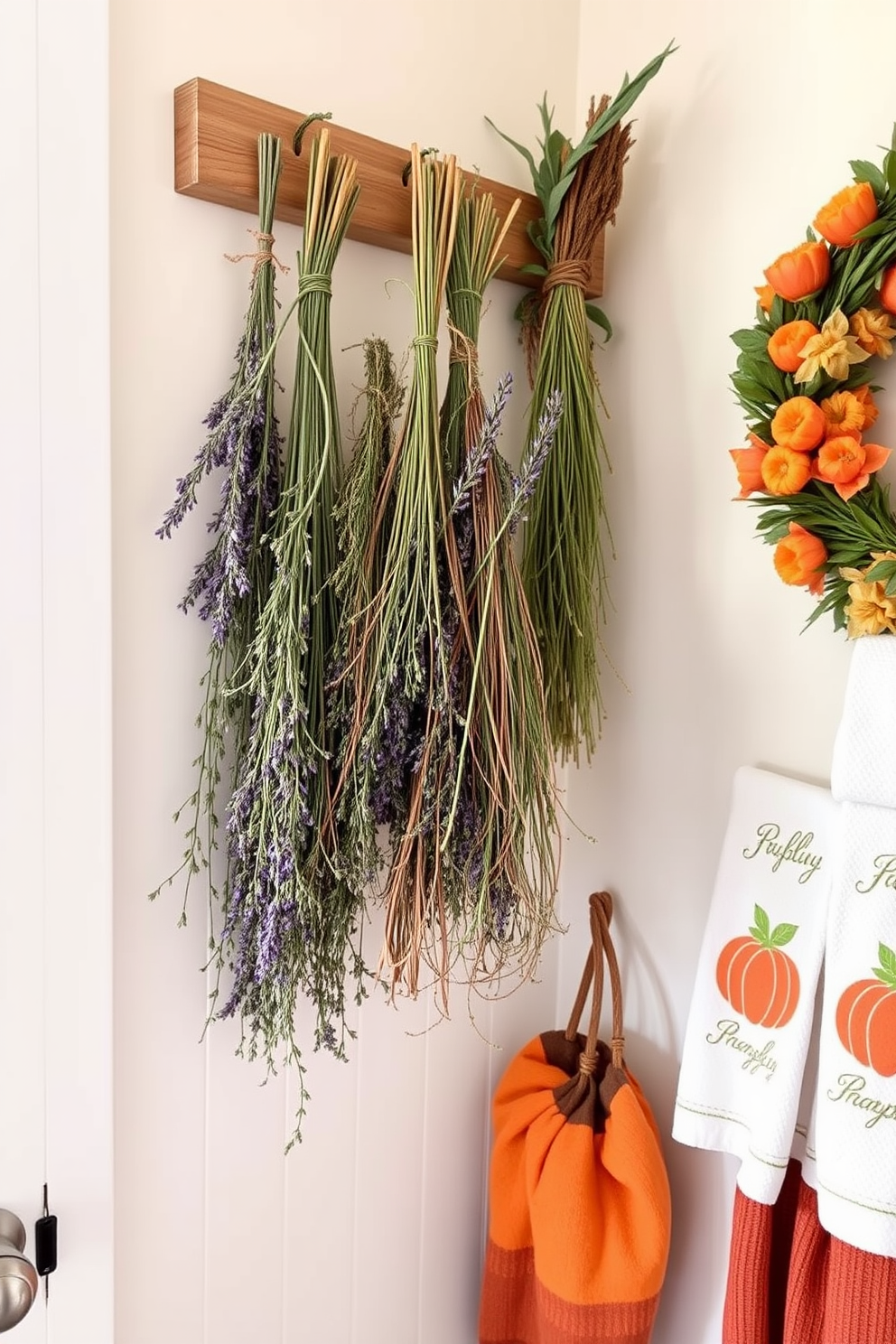 Hanging dried herbs for natural decor. A rustic wooden rack is adorned with bundles of lavender, rosemary, and thyme, creating a fragrant display. Thanksgiving Laundry Room Decorating Ideas. The laundry room features warm autumn colors with pumpkin-themed decor, including a cheerful wreath and seasonal towels.