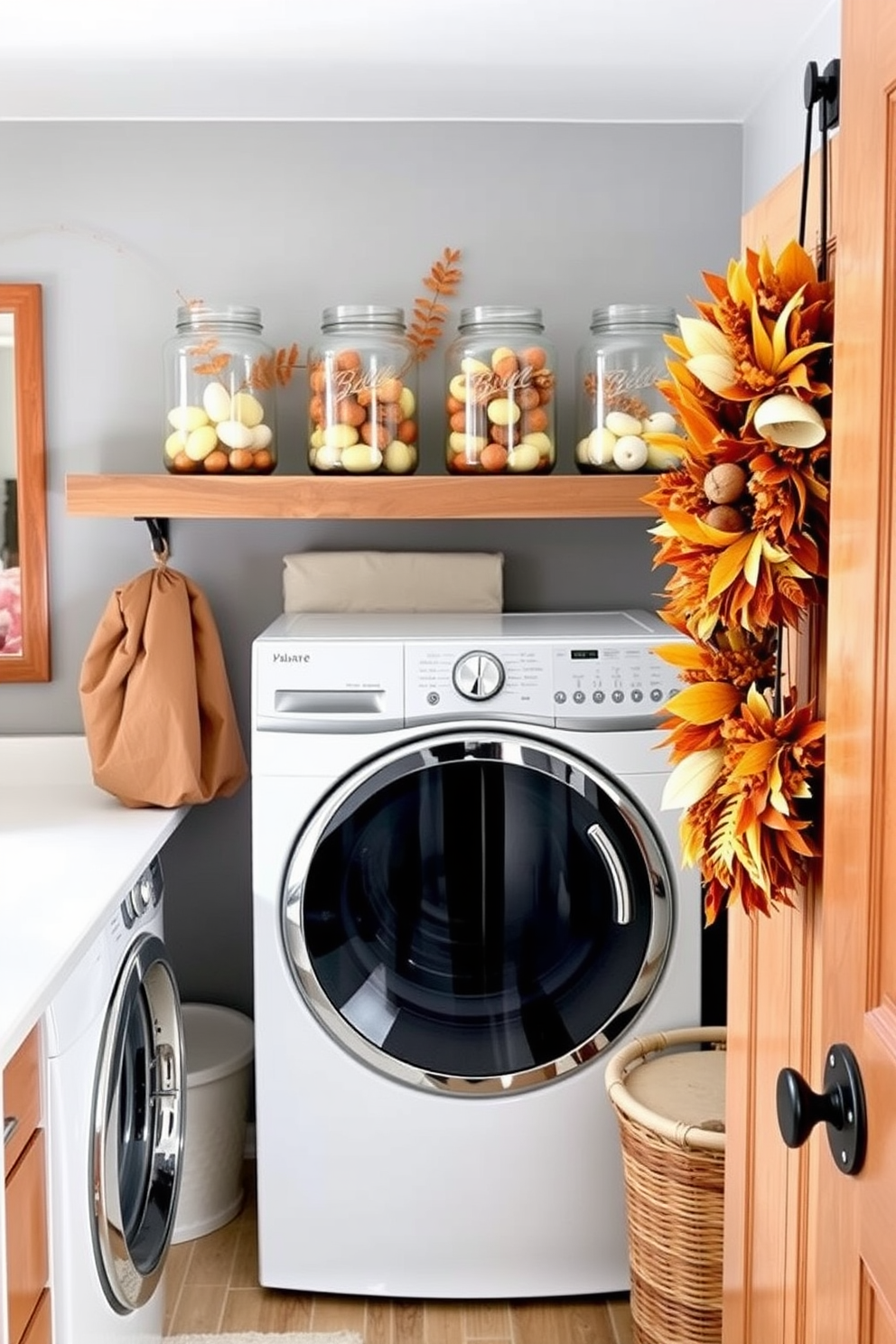 A cozy laundry room featuring decorative jars filled with seasonal items. The jars are arranged on a rustic wooden shelf above a bright white countertop, adding a touch of charm to the space. The walls are painted in a soft gray, complemented by warm wooden accents throughout. A stylish laundry basket sits in the corner, and a cheerful autumn wreath adorns the door, enhancing the Thanksgiving theme.