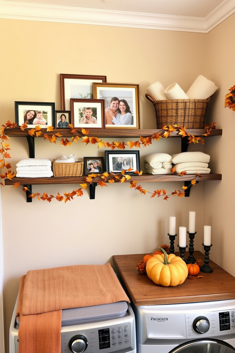 Framed family photos are displayed on a rustic wooden shelf adorned with autumn-themed frames. The laundry room features warm tones with a cozy atmosphere, including a vintage-style washing machine and a decorative basket filled with seasonal linens. Thanksgiving decorations bring a festive touch to the space, with garlands of autumn leaves draped along the shelves. A cheerful centerpiece made of pumpkins and candles sits on a countertop, enhancing the inviting feel of the laundry room.