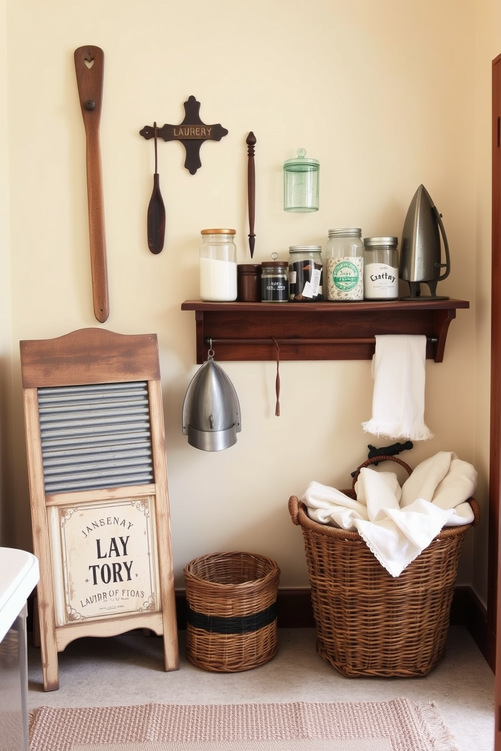 A vintage laundry room featuring rustic decor accents. The space is adorned with antique laundry tools such as a wooden washboard and an old-fashioned iron, adding charm to the overall design. The walls are painted in a warm cream color, creating a cozy atmosphere. A wooden shelf displays vintage jars filled with laundry supplies, while a woven basket holds fresh linens, enhancing the inviting feel of the room.